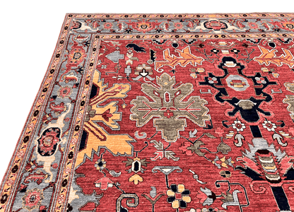 Afghan Heriz rug by Kirishian Rugs, 9'07" x 13'09", in light red and light blue with intricate geometric patterns.