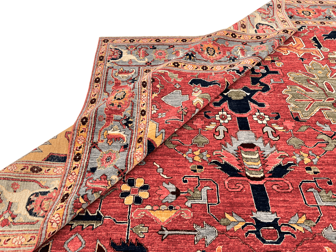 Afghan Heriz rug by Kirishian Rugs, 9'07" x 13'09", featuring light red and light blue geometric patterns on a woven surface.
