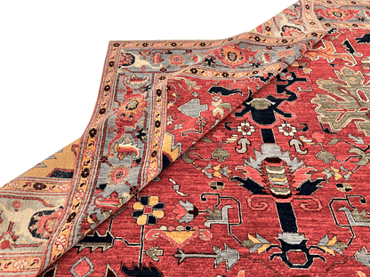 Afghan Heriz rug by Kirishian Rugs, 9'07" x 13'09", featuring light red and light blue geometric patterns on a woven surface.