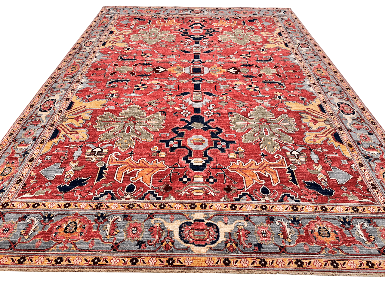 Afghan Heriz area rug by Kirishian Rugs, 9'07" x 13'09", with light red and light blue geometric patterns on woven fabric.