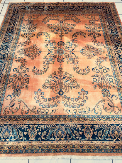 Hand-Knotted Indo-Sarouk Wool Rug – 8' x 10' – Peach Field with Navy Border - Nuvé