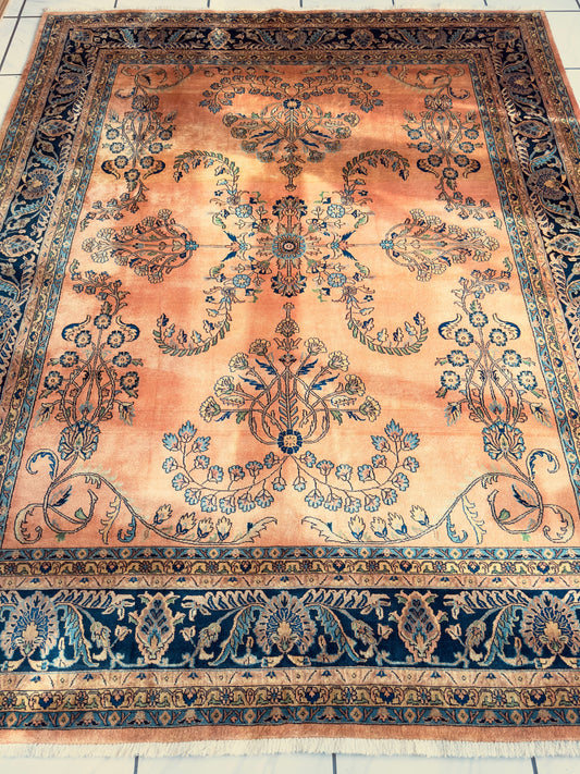 Hand-Knotted Indo-Sarouk Wool Rug – 8' x 10' – Peach Field with Navy Border - Nuvé