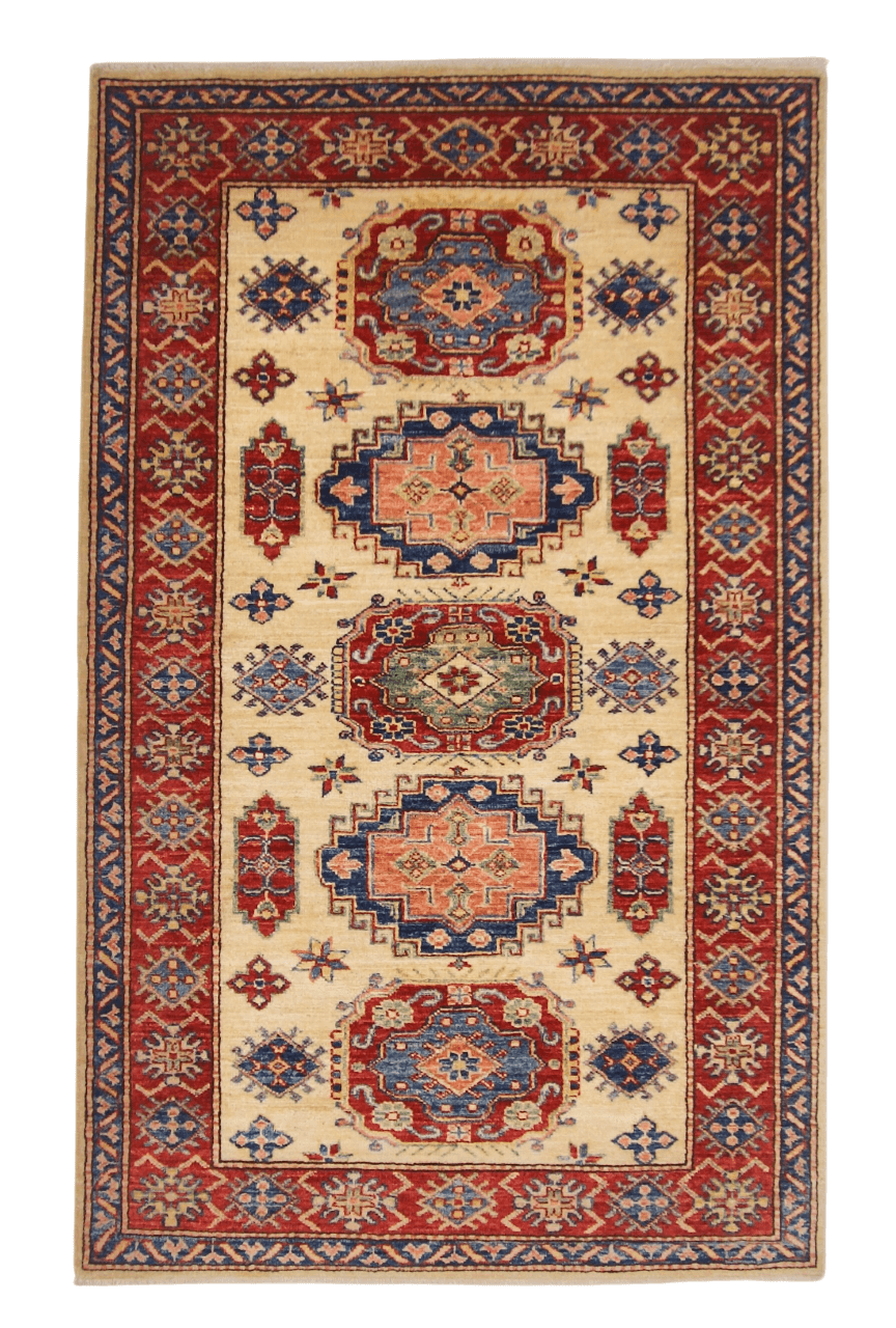 Kirishian Rugs Super Kazak rug, ivory and red, 3'01" x 5'00", with intricate geometric patterns and traditional design.
