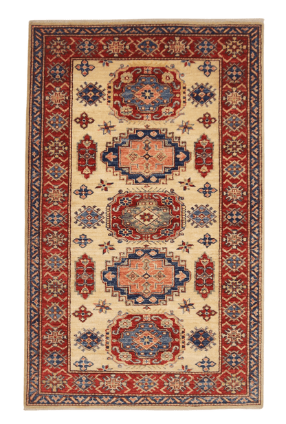Kirishian Rugs Super Kazak rug, ivory and red, 3'01" x 5'00", with intricate geometric patterns and traditional design.