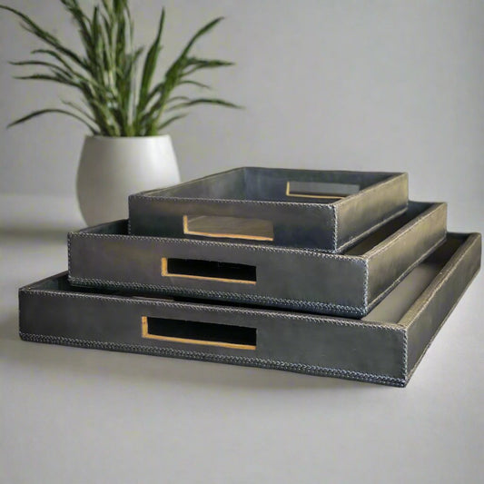 Jefe | Cedar Wood + Leather Rectangle Ottoman Tray Set - Nuvé