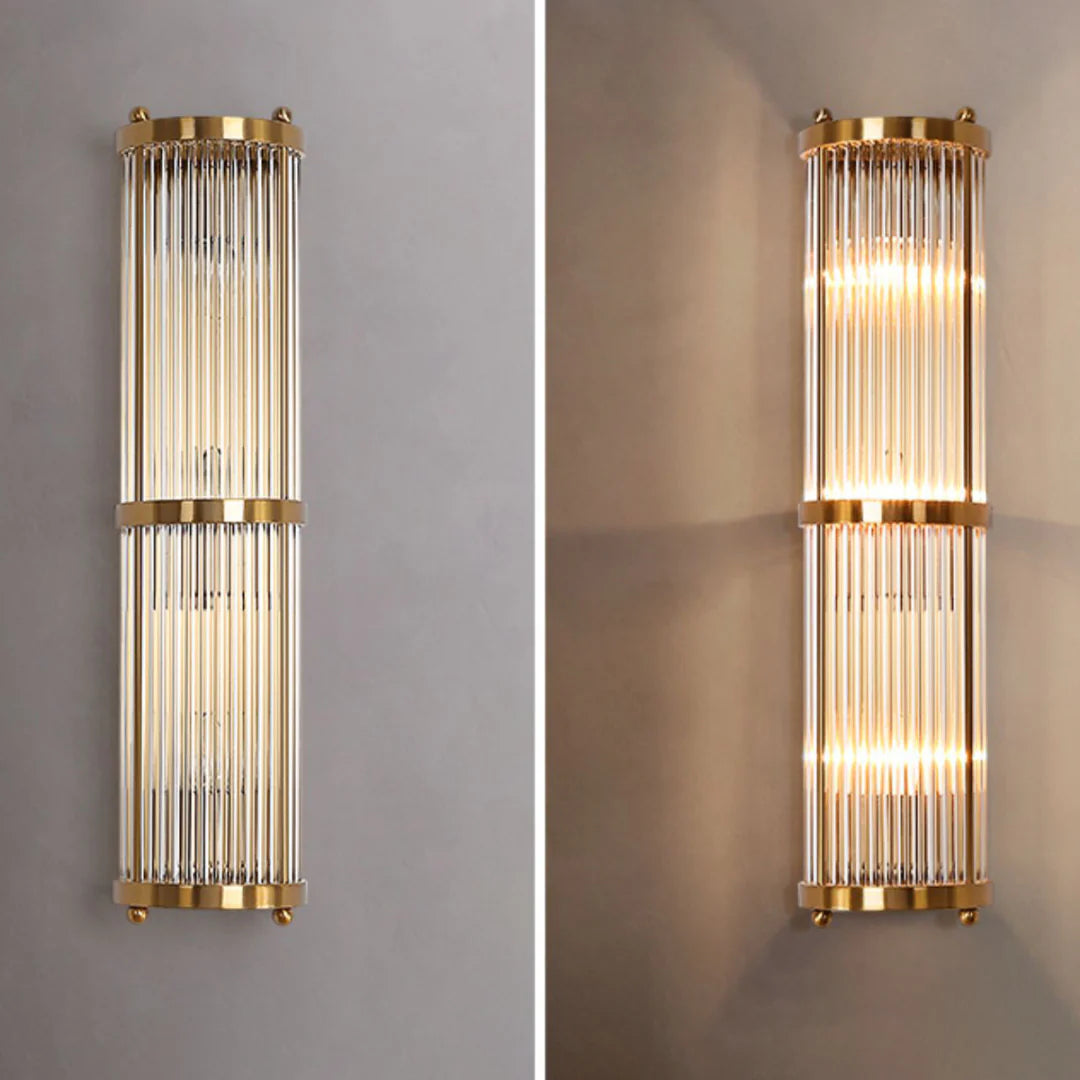 Korewolamp Jadssox crystal column wall light with sleek modern design and glass crystal accents, mounted on wall.