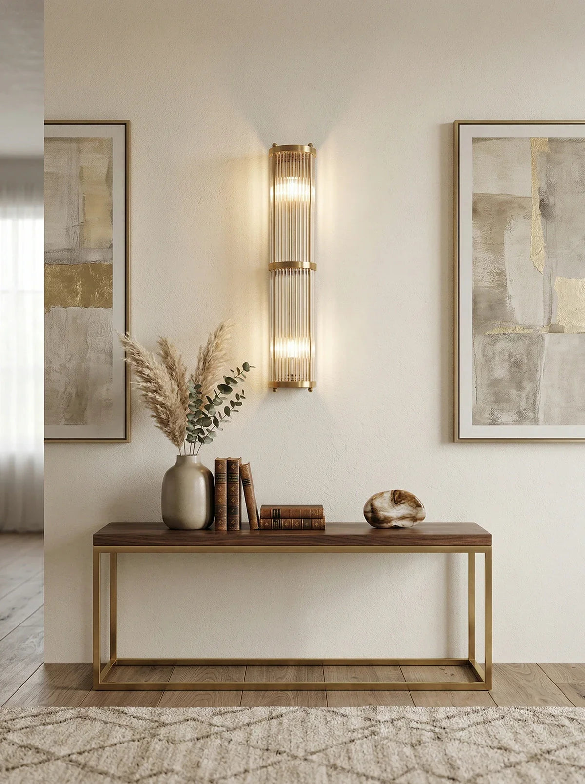 Korewolamp Jadssox Crystal Column Wall Light mounted on wall, featuring a sleek modern design with crystal accents and a warm light glow.
