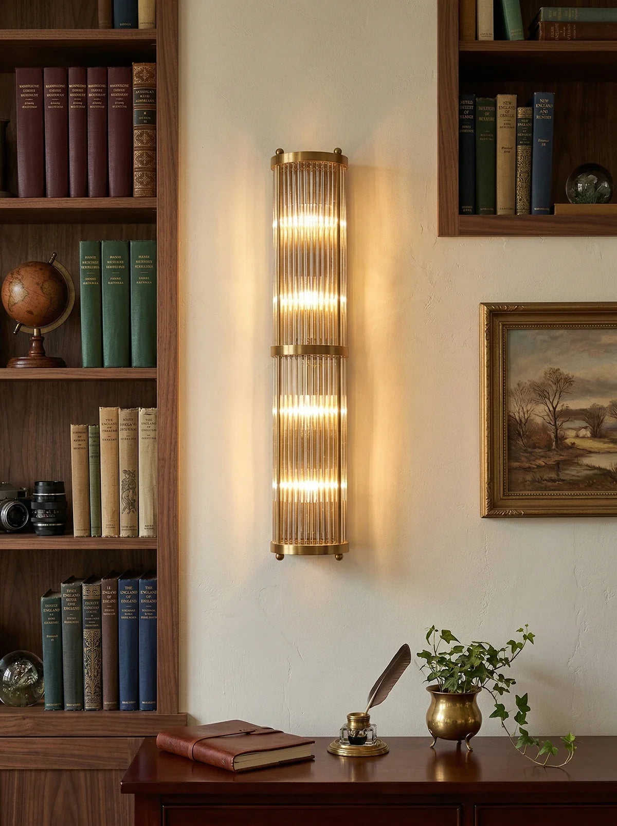 Korewolamp Jadssox Crystal Column Wall Light mounted on wall, featuring a sleek modern design with crystal accents and warm lighting.