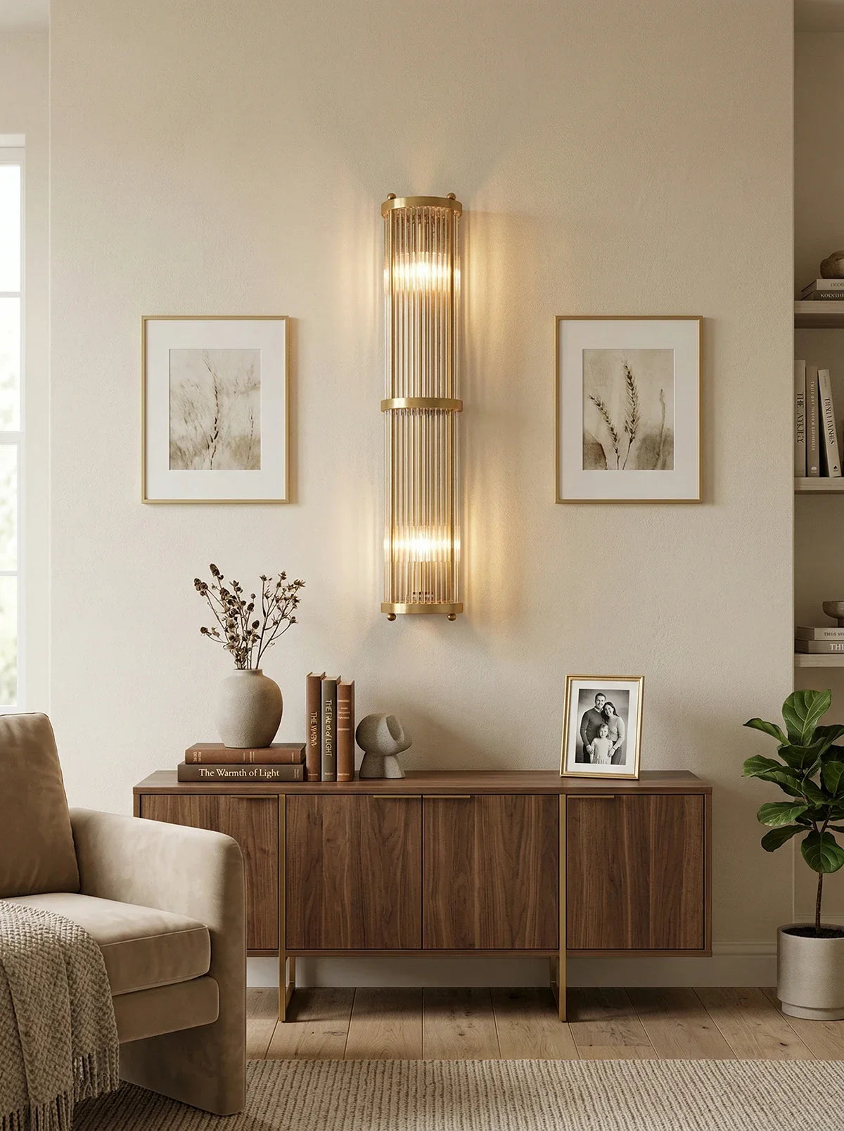Korewolamp Jadssox Crystal Column Wall Light, modern wall lamp with clear crystal accents and sleek design, mounted on a wall.