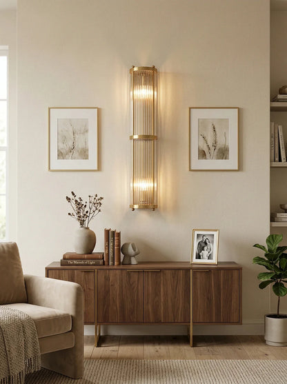 Korewolamp Jadssox Crystal Column Wall Light, modern wall lamp with clear crystal accents and sleek design, mounted on a wall.
