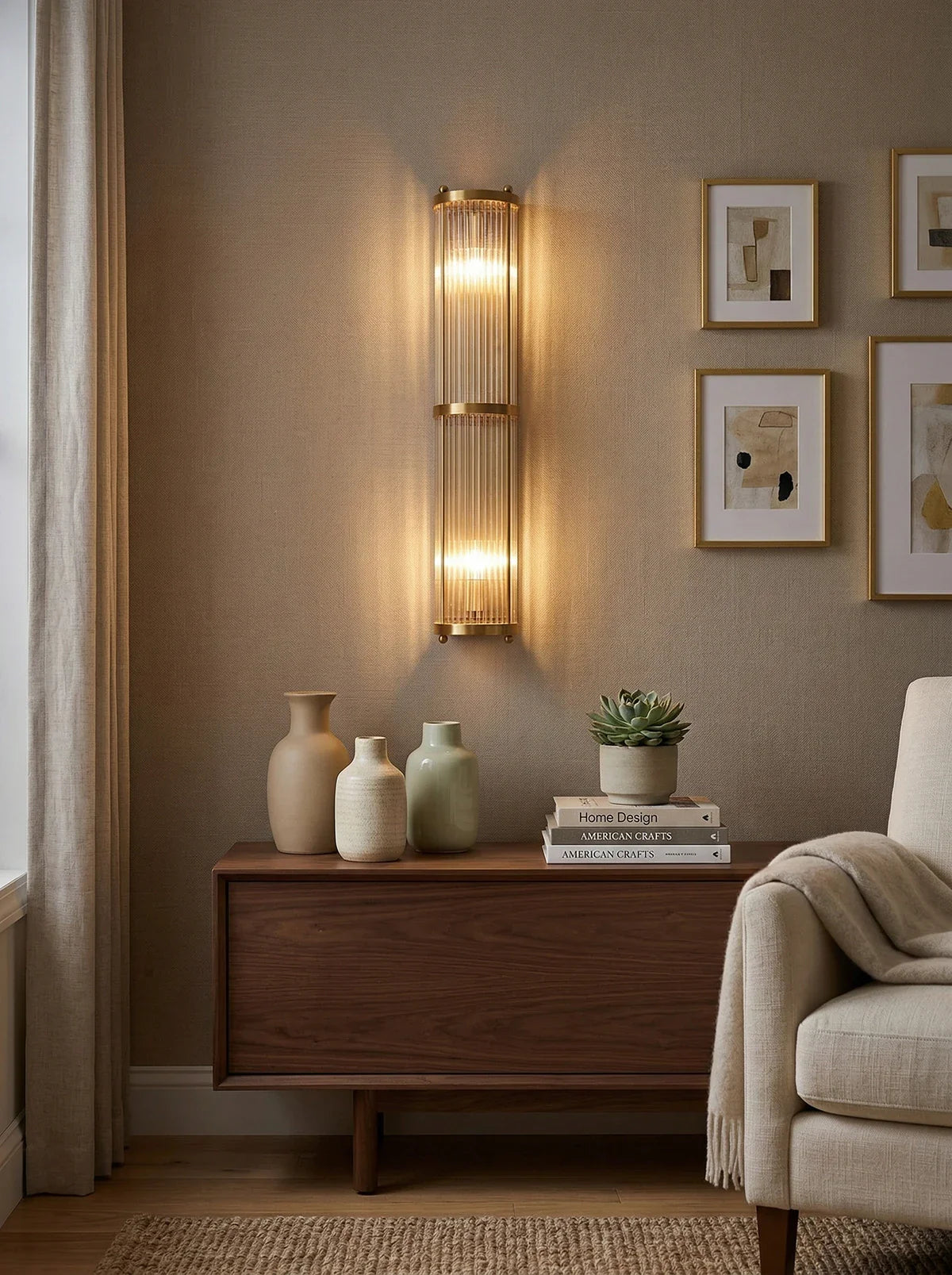 Korewolamp Jadssox crystal column wall lamp with sleek design and glass crystal accents, mounted on a wall.