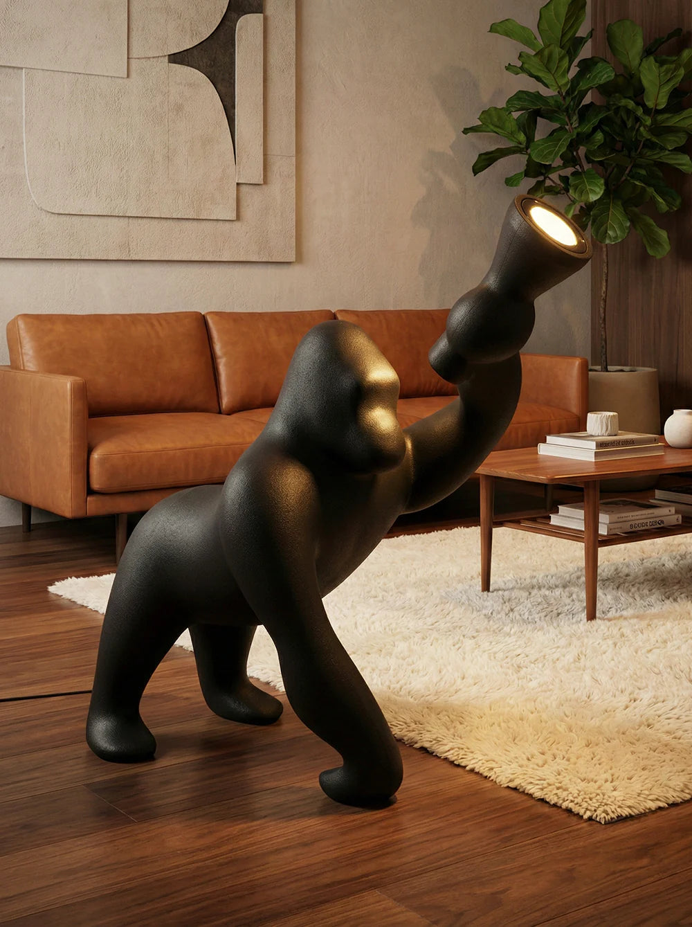 Korewolamp Kong sculpture floor lamp with an abstract, modern design and a sleek black finish standing on a hardwood floor.