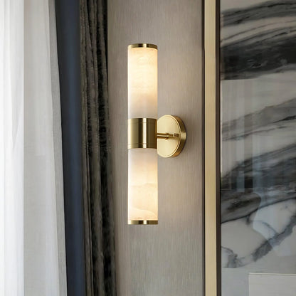 Alabaster Lampatron cylindrical wall lamp by korewolamp, featuring a sleek marble finish and modern cylindrical design.