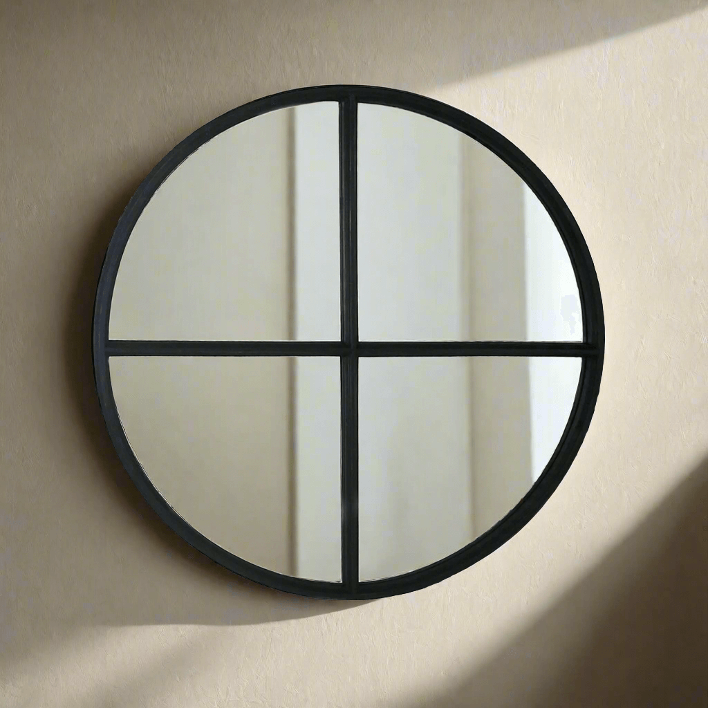 Large Round Wood Vintage Wall Mirror in Black - Nuvé