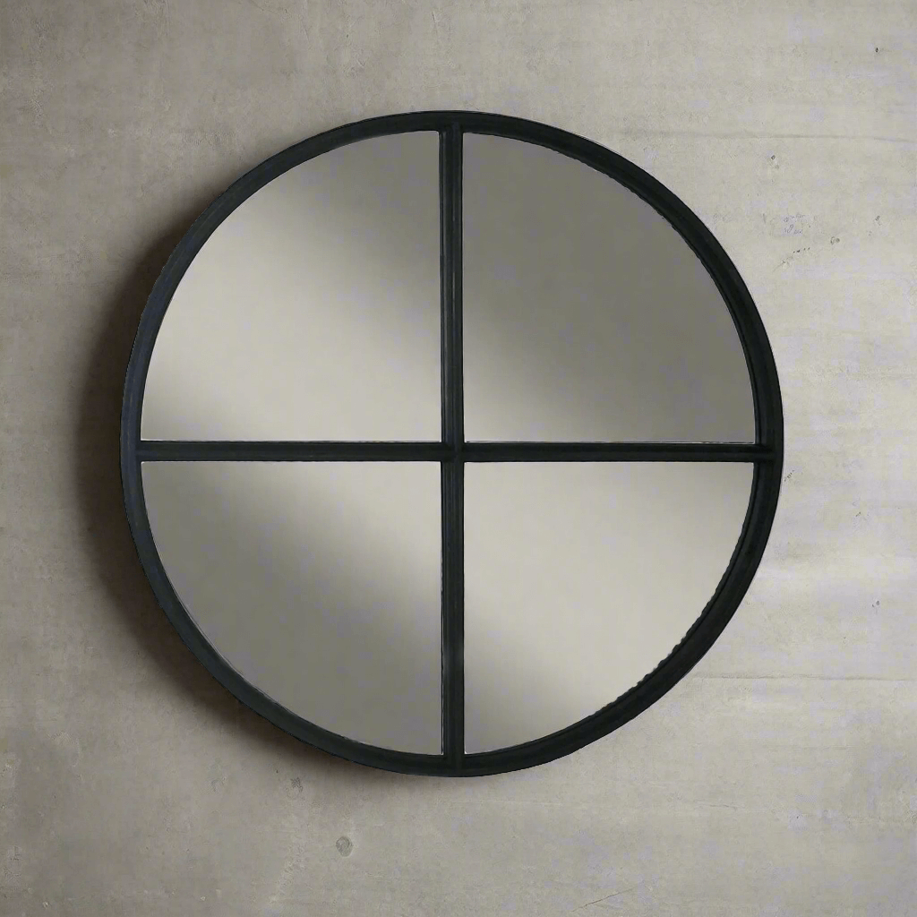 Large Round Wood Vintage Wall Mirror in Black - Nuvé