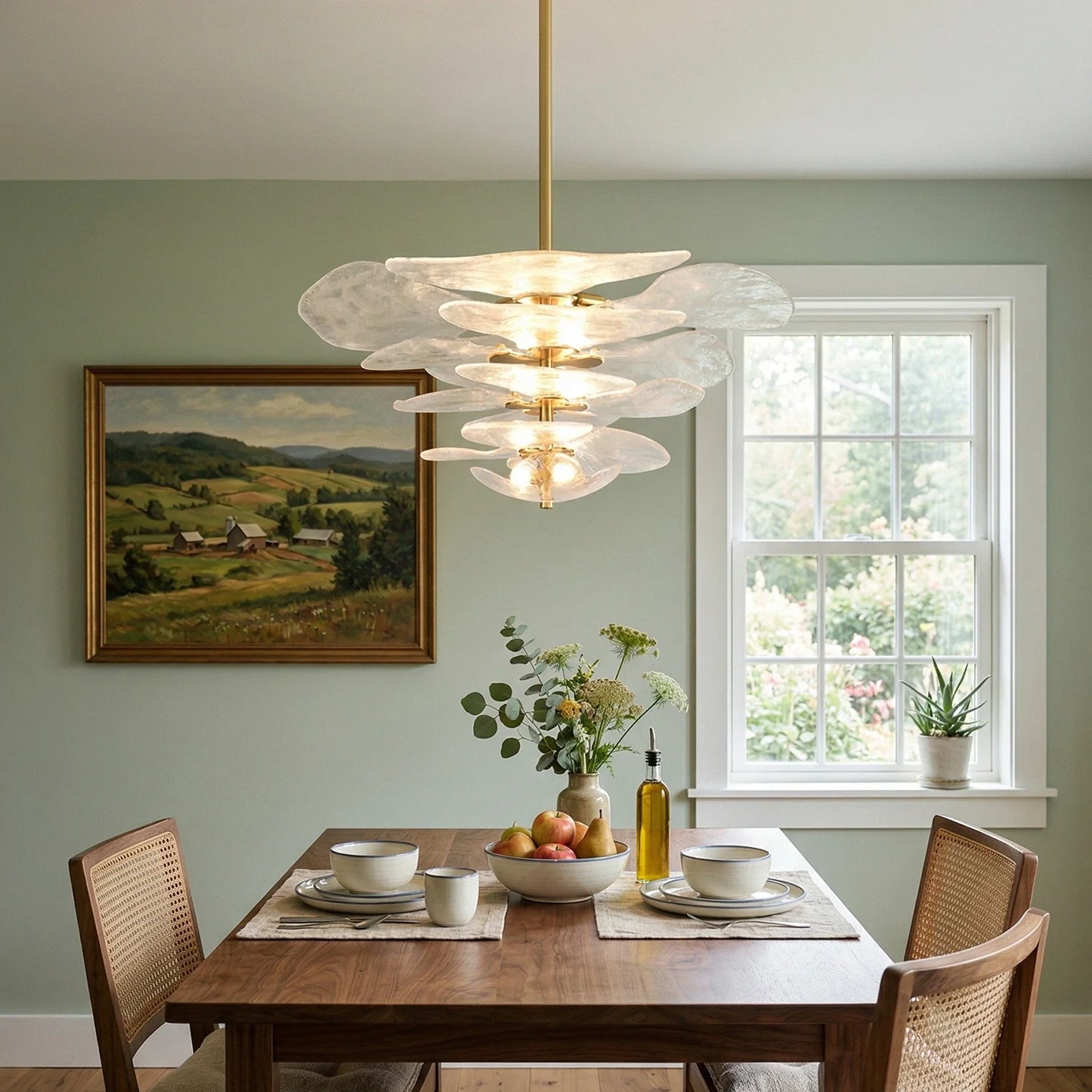 Leaf-Shaped White Textured Glass Chandelier