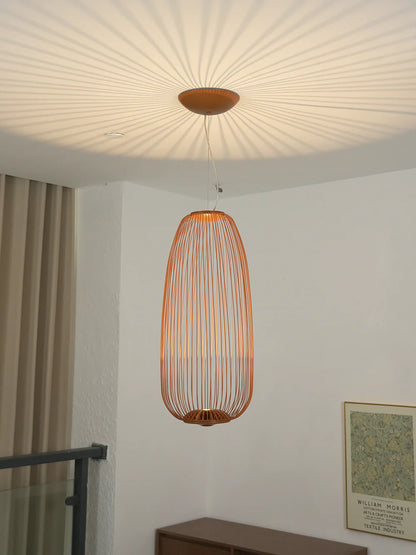 Korewolamp lightweight spokes-shaped pendant lamp with a modern cage design hanging from a ceiling fixture.