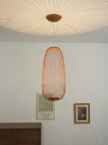 Lightweight spokes-shaped pendant lamp by korewolamp with a modern cage design hanging from a ceiling mount.