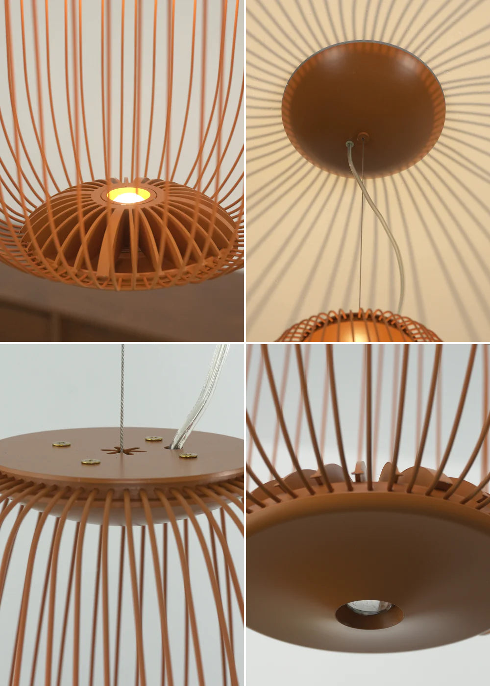 Lightweight spokes-shaped cage pendant lamp by korewolamp hanging from ceiling, modern design with open metal frame and warm interior.