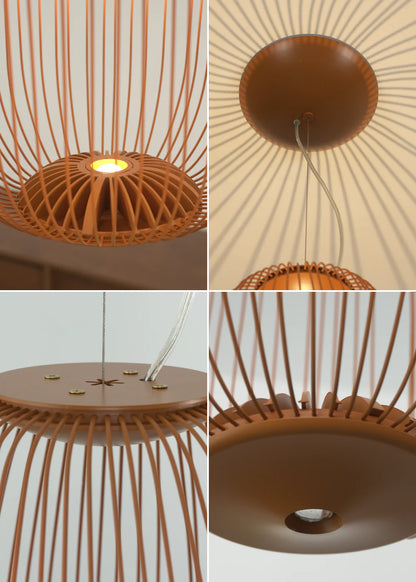 Lightweight spokes-shaped cage pendant lamp by korewolamp hanging from ceiling, modern design with open metal frame and warm interior.