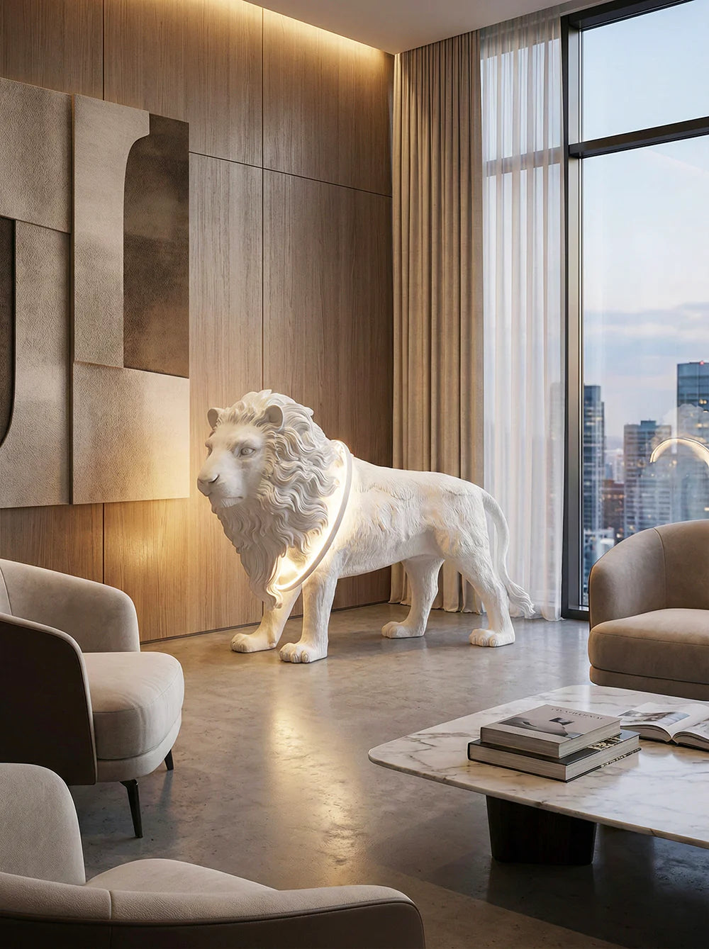 Korewolamp lion statue floor lamp with a sturdy base, featuring a detailed lion sculpture and a fabric lampshade for ambient lighting.