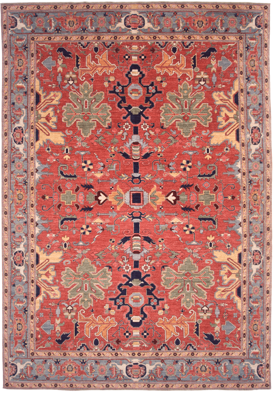 Afghan Heriz rug by Kirishian Rugs, 9'07" x 13'09", with light red and light blue geometric patterns on a traditional woven surface.