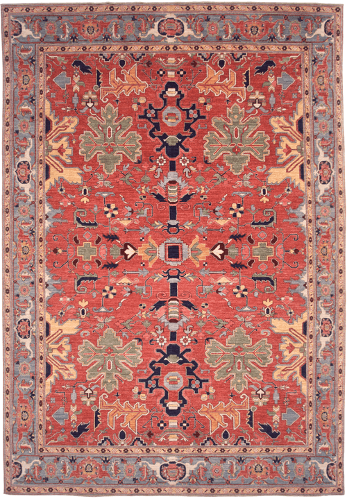 Afghan Heriz rug by Kirishian Rugs, 9'07" x 13'09", with light red and light blue geometric patterns on a traditional woven surface.