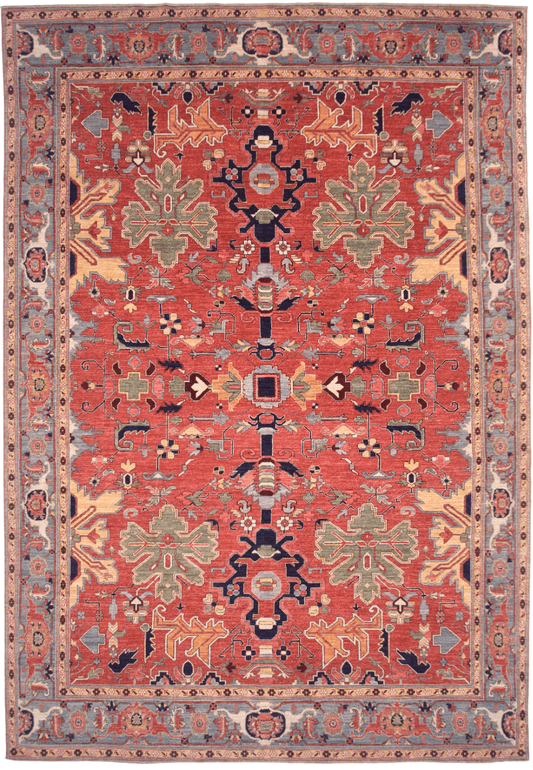 Afghan Heriz rug by Kirishian Rugs, 9'07" x 13'09", with light red and light blue geometric patterns on a traditional woven surface.