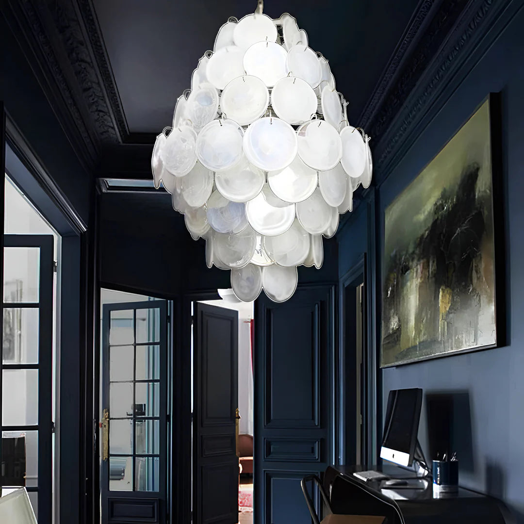 Huge Vintage Murano White Disks Chandelier - Nuvé