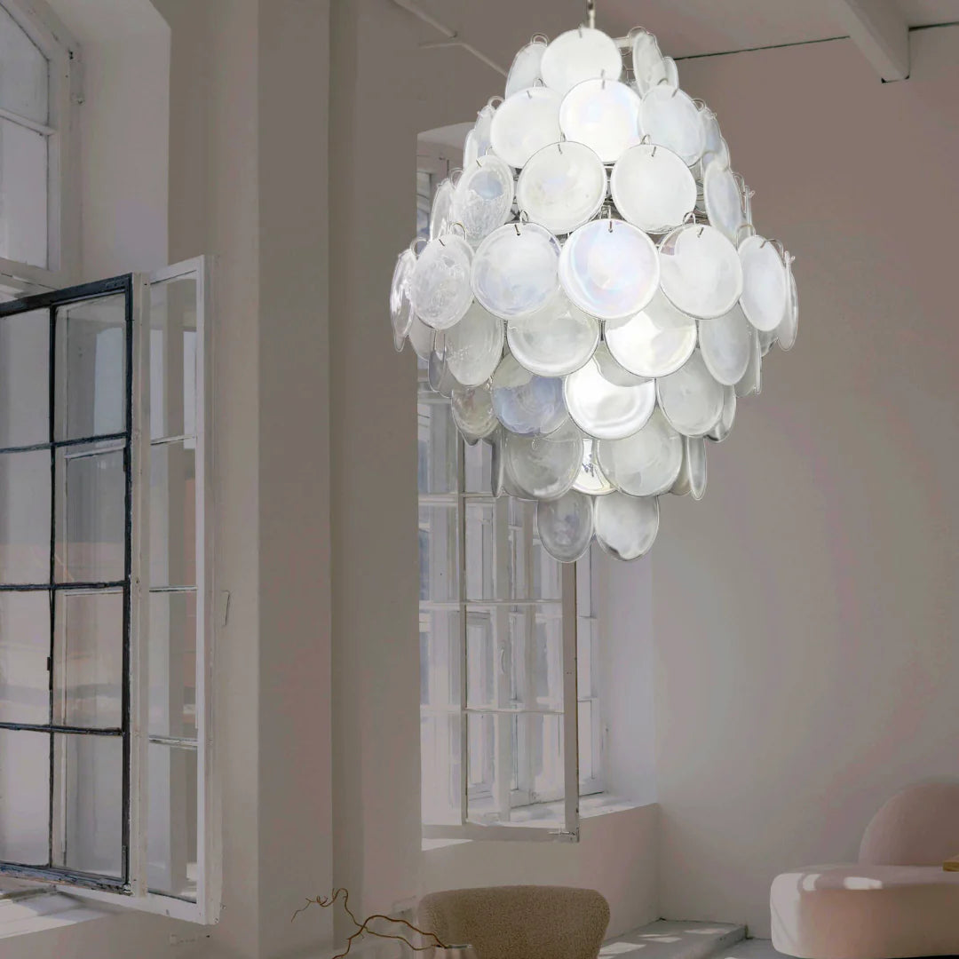 Huge Vintage Murano White Disks Chandelier - Nuvé