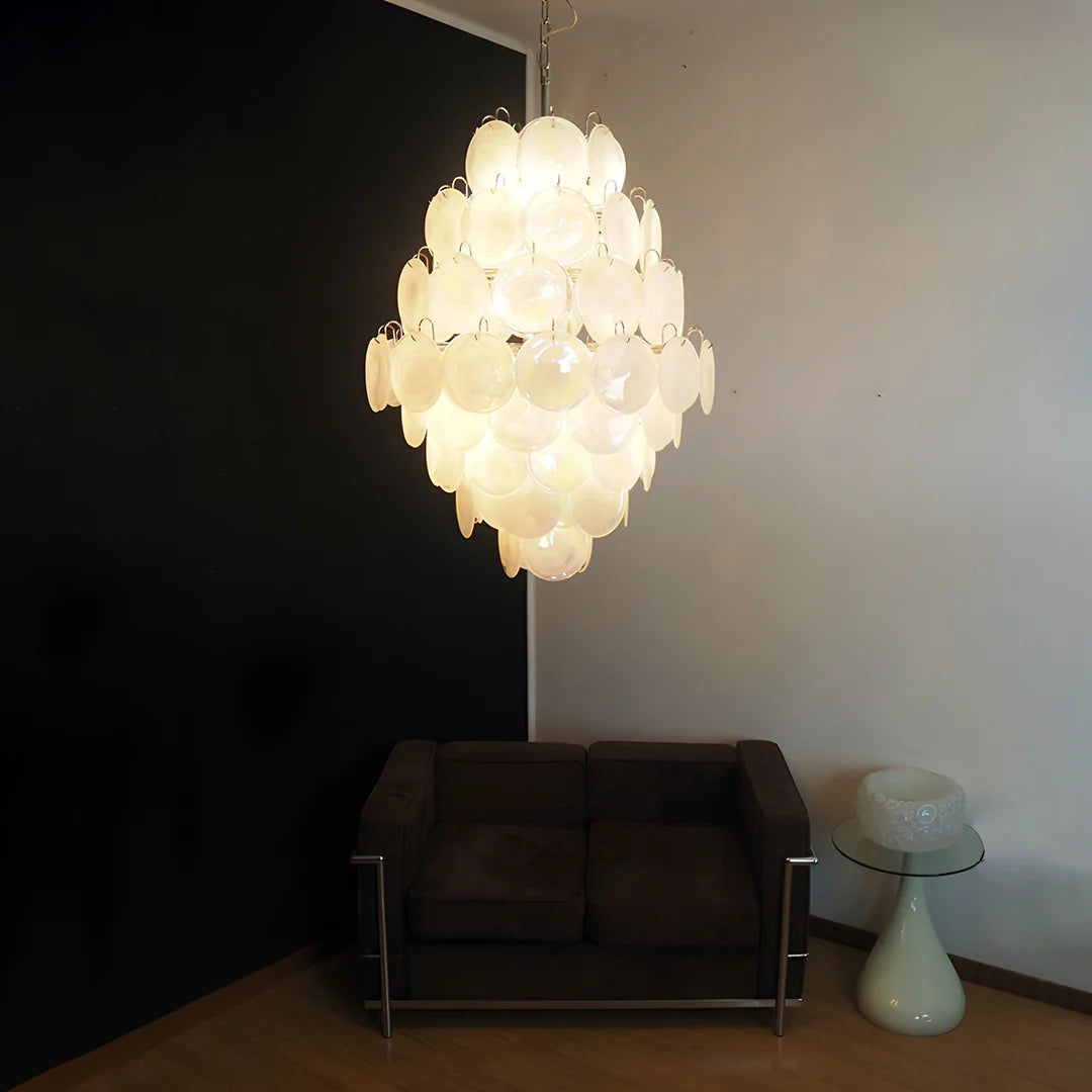 Huge Vintage Murano White Disks Chandelier - Nuvé
