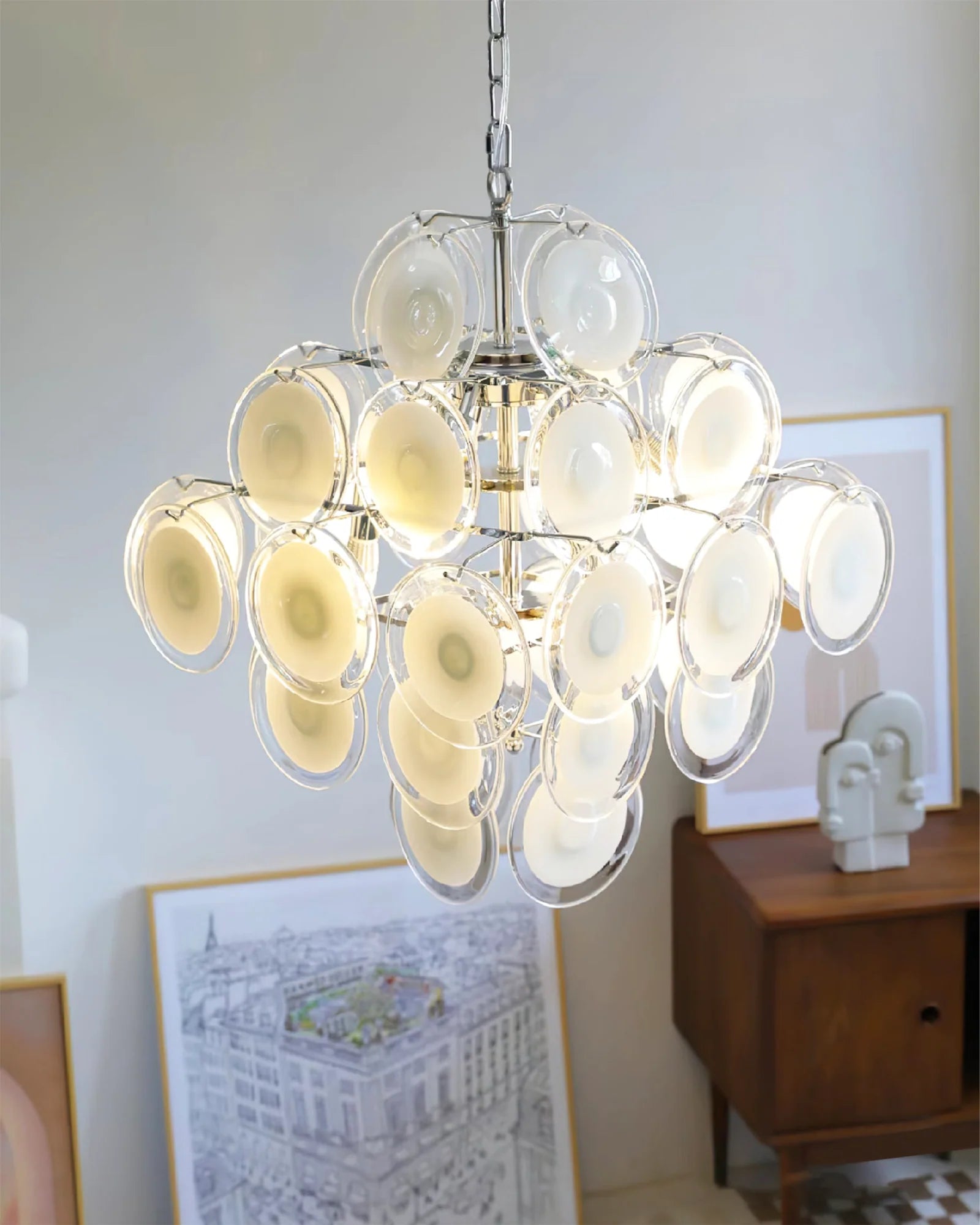 Murano Disc White Clear Glass Chandelier - Nuvé