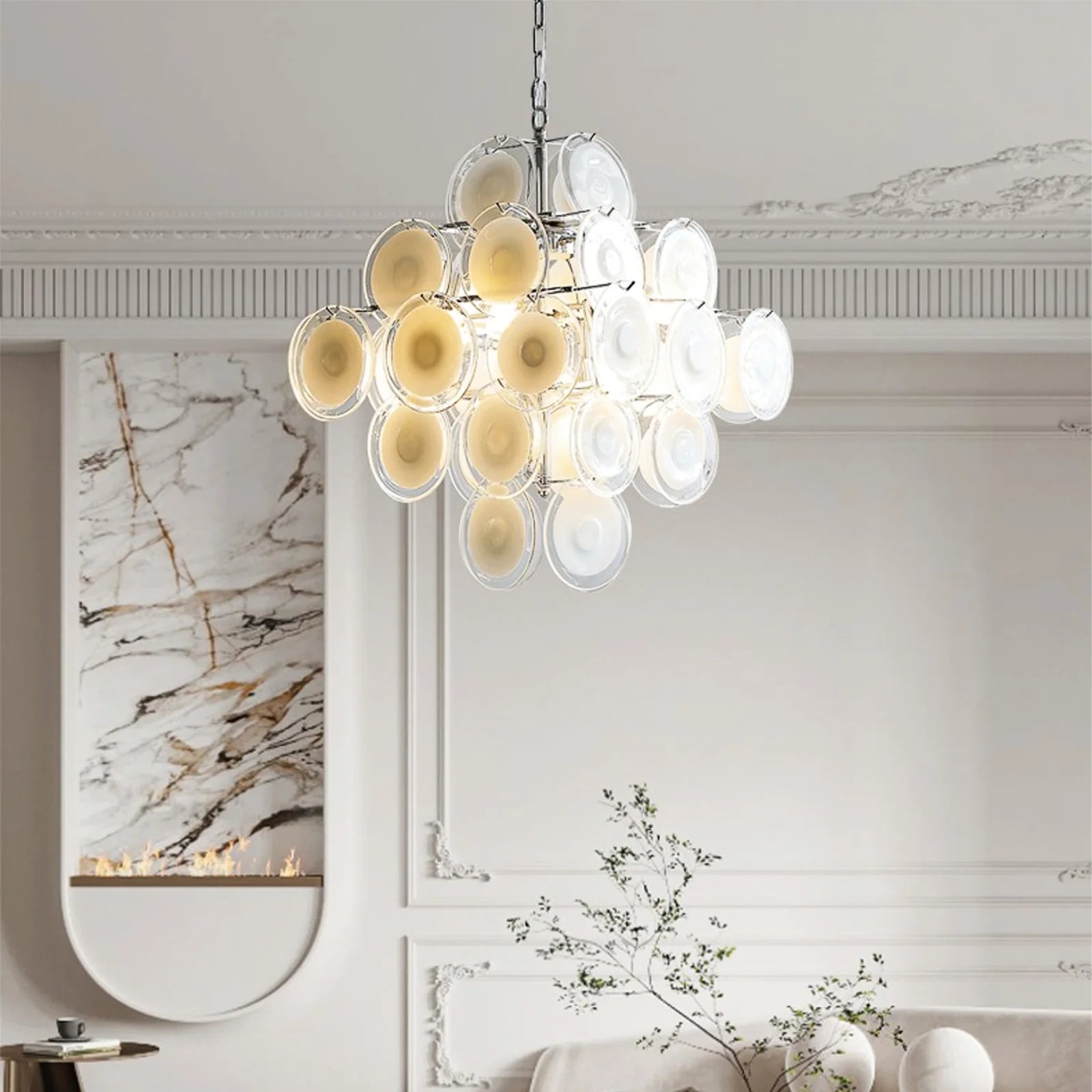 Murano Disc White Clear Glass Chandelier - Nuvé