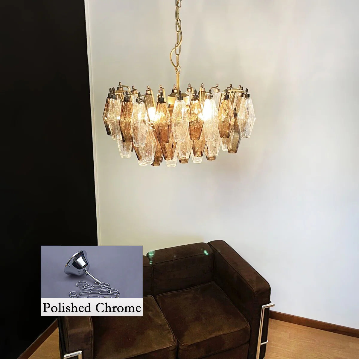 Murano glass chandelier with smoked pink faceted glass, designed by Korewolamp, hanging with multiple glass facets and elegant style.