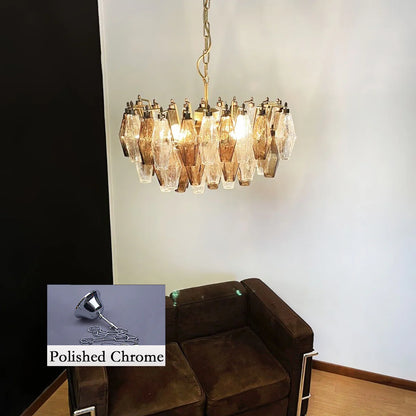 Murano glass chandelier with smoked pink faceted glass, designed by Korewolamp, hanging with multiple glass facets and elegant style.