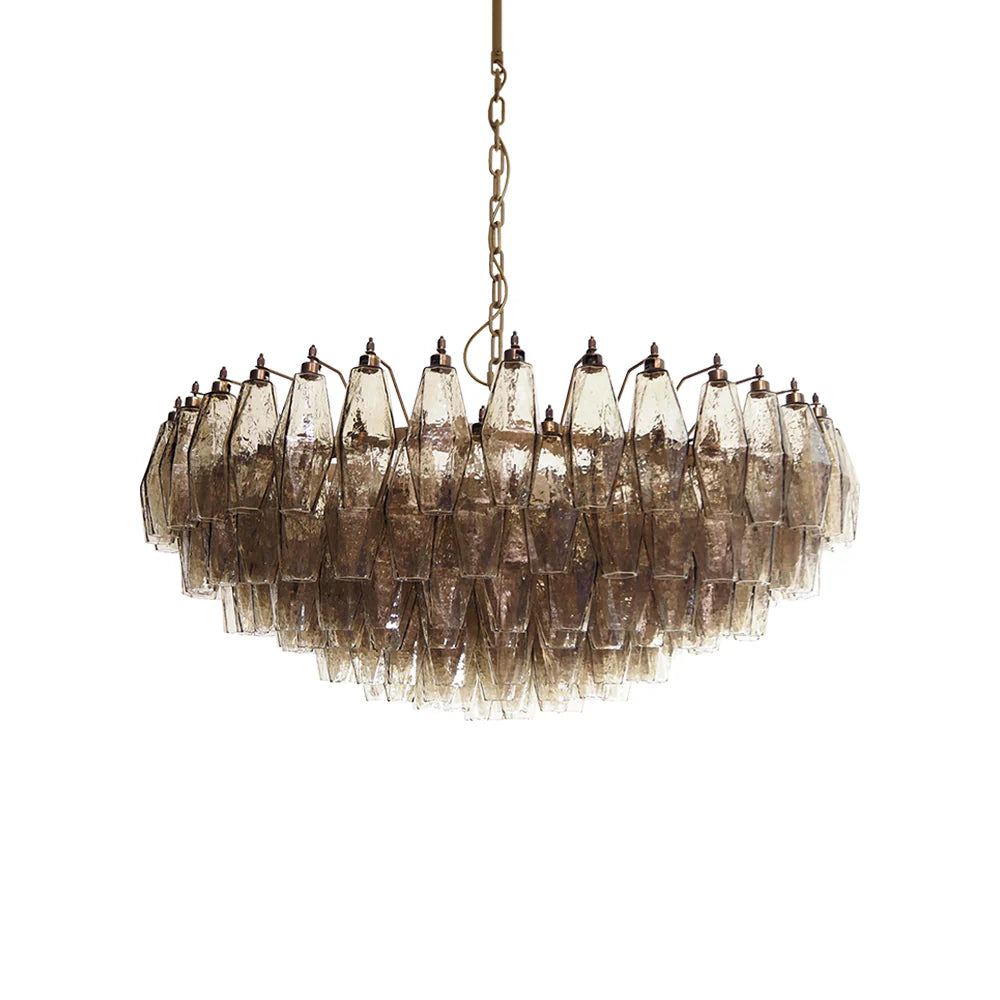 Murano faceted smoked glass chandelier by korewolamp hanging with multiple glass facets and metal fittings in a modern design