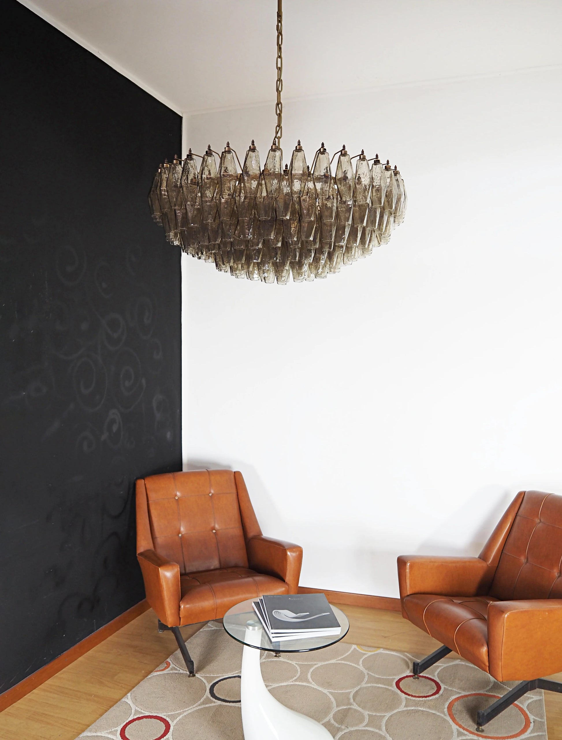 Murano faceted smoked glass chandelier by korewolamp featuring multiple glass prisms and elegant design.
