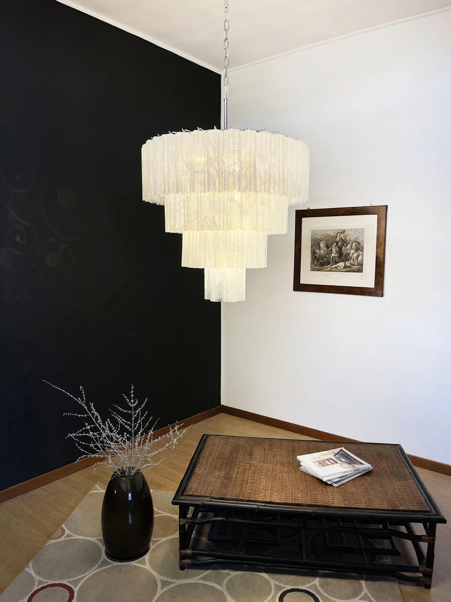 Murano white glass tubes chandelier by Korewolamp showcasing elegant, elongated glass tubes with a modern design.