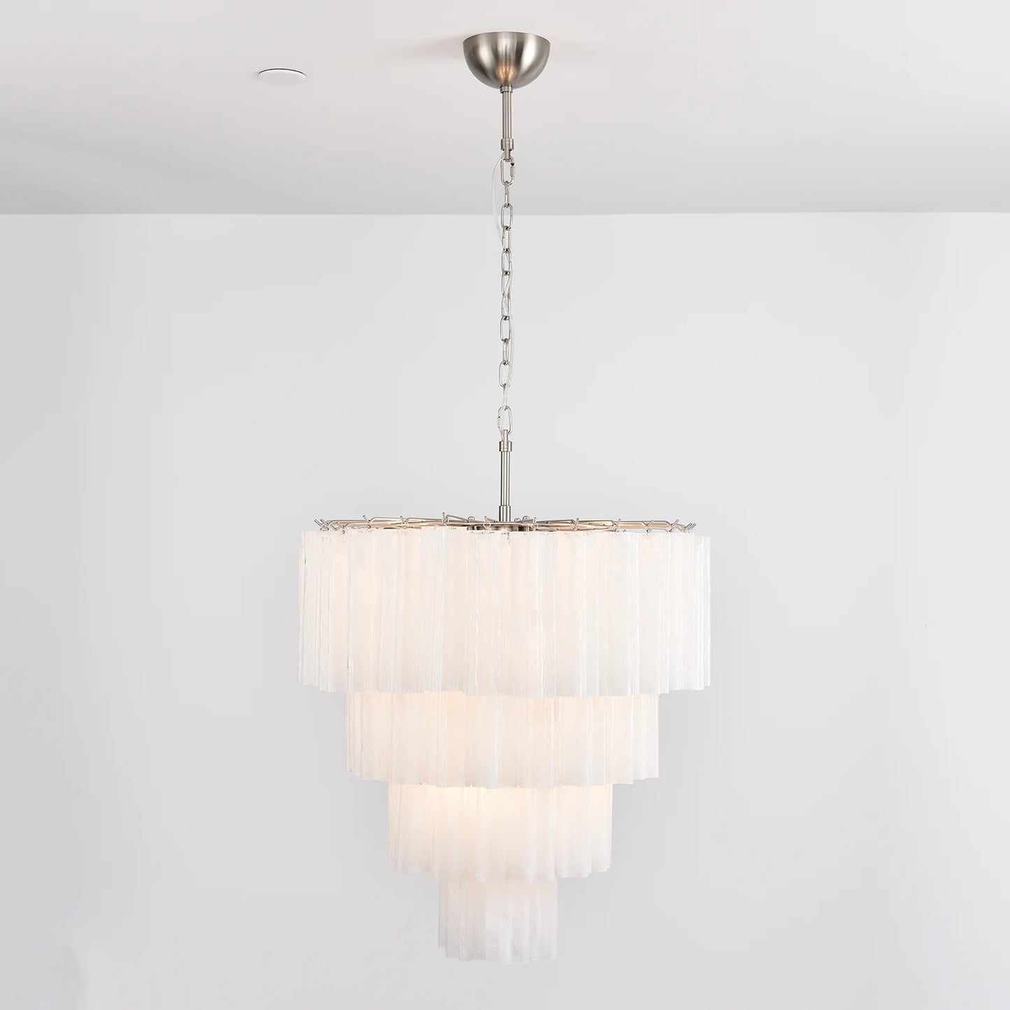 Murano white glass tubes chandelier by korewolamp hanging with multiple glass tubes and elegant design.