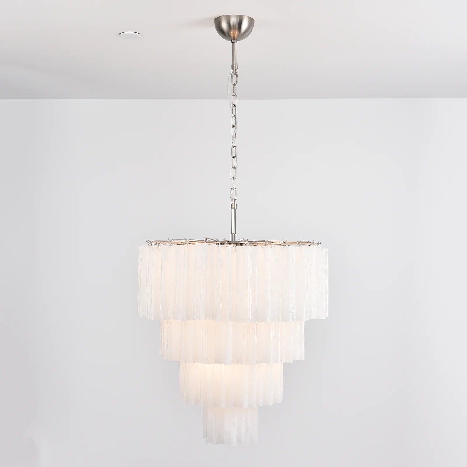 Murano white glass tubes chandelier by korewolamp hanging with multiple glass tubes and elegant design.