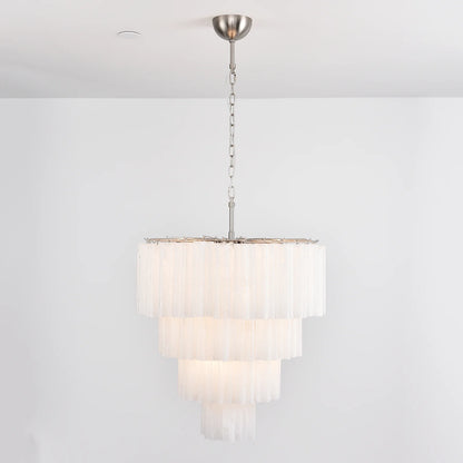 Murano white glass tubes chandelier by korewolamp hanging with multiple glass tubes and elegant design.