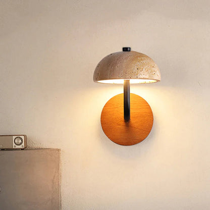 Korewolamp mushroom-shaped natural stone wall lamp with LED lighting, mounted on wall for ambient illumination.