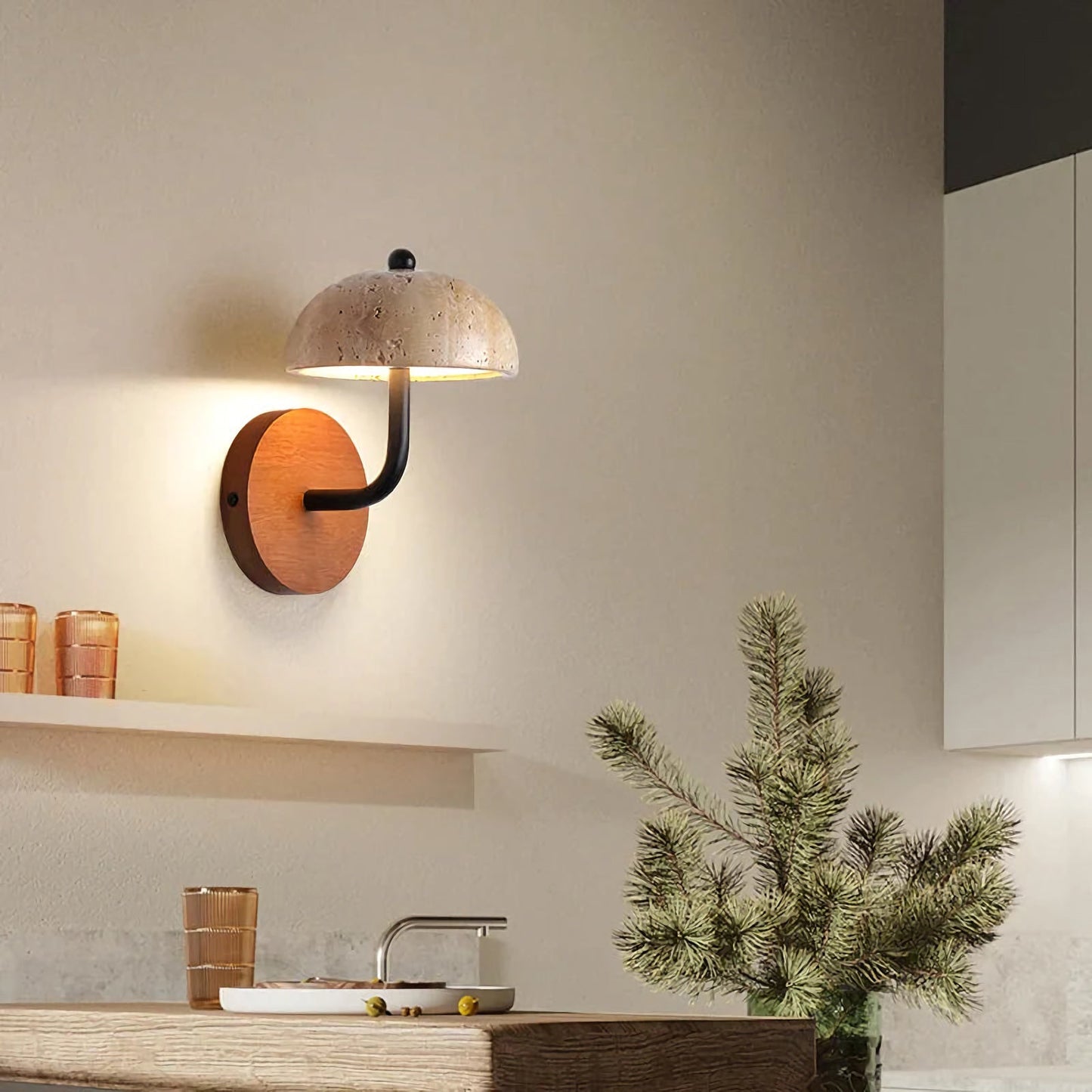 Natural stone mushroom wall lamp by korewolamp with LED lighting, showcasing a textured stone surface and modern wall mount design.