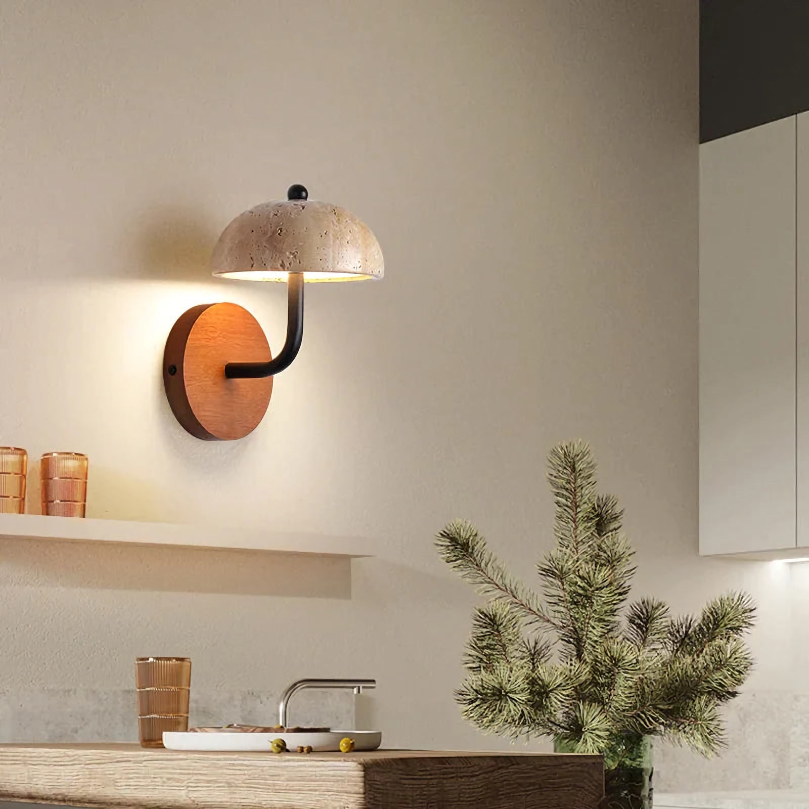 Natural stone mushroom wall lamp by korewolamp with LED lighting, showcasing a textured stone surface and modern wall mount design.