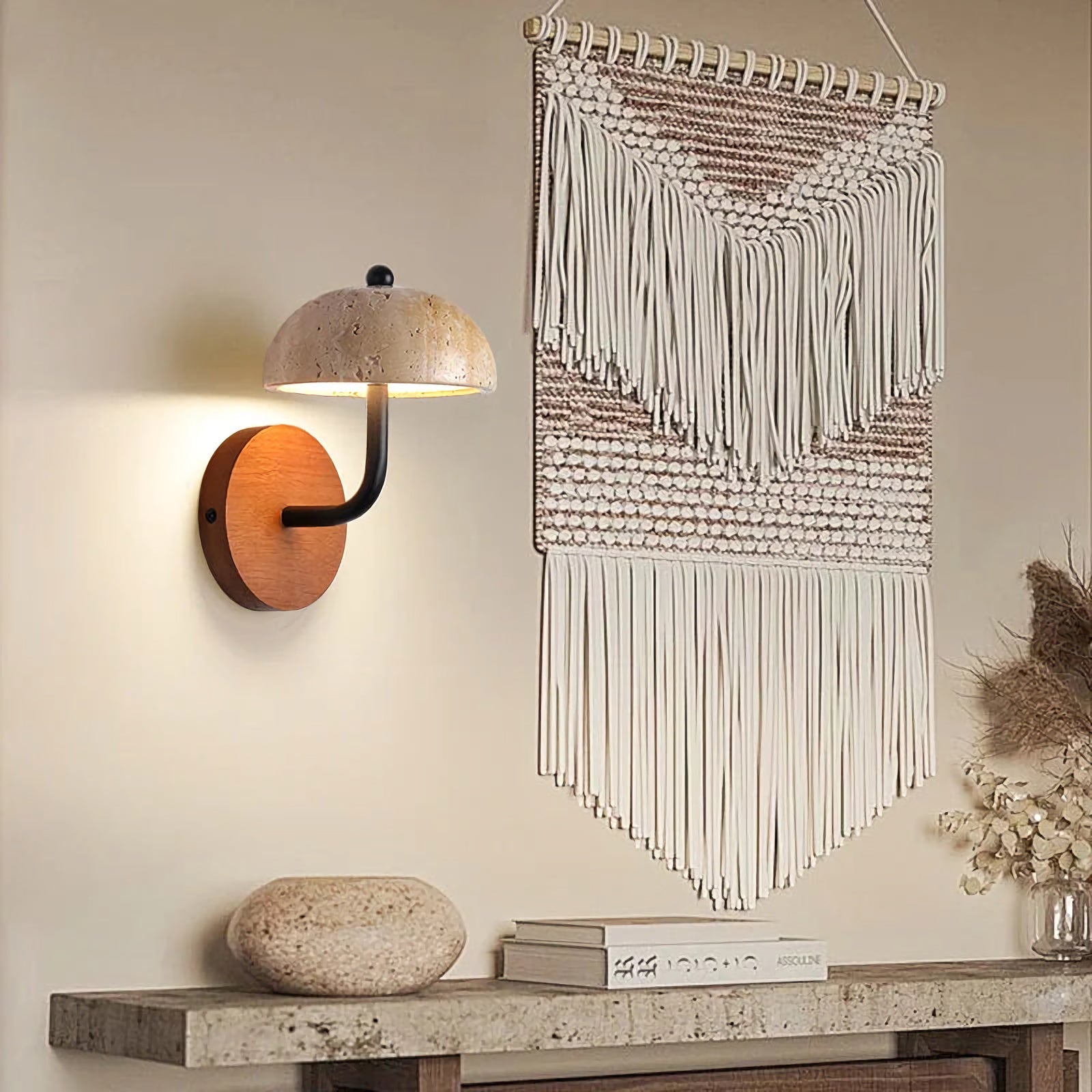 Natural stone mushroom wall lamp by Korewolamp, showcasing the textured stone design and integrated LED light for indoor decor.