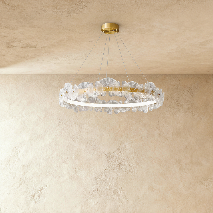 Round Nexorva chandelier by Residence Supply with multiple light sockets, shown with lights off, featuring a modern ceiling light fixture