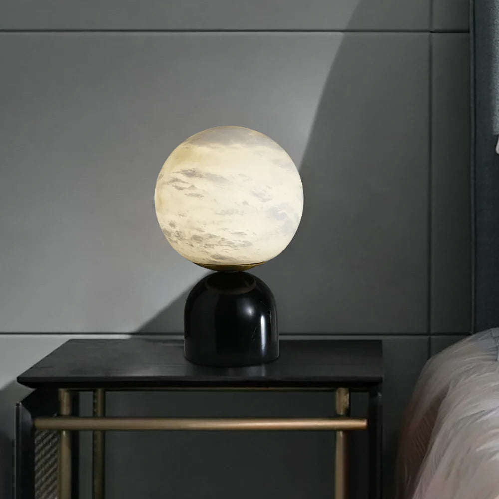 Nordic-style round alabaster marble table lamp by korewolamp with a sleek, minimalist design for bedside or accent lighting.