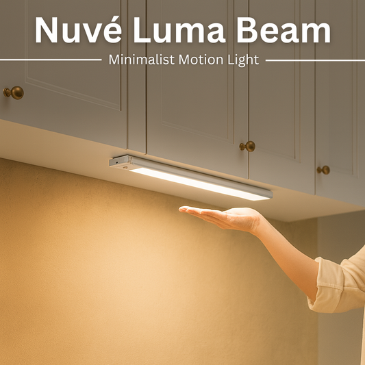 Nuve Luma Beam minimalist motion light under a kitchen cabinet with a hand testing the light.