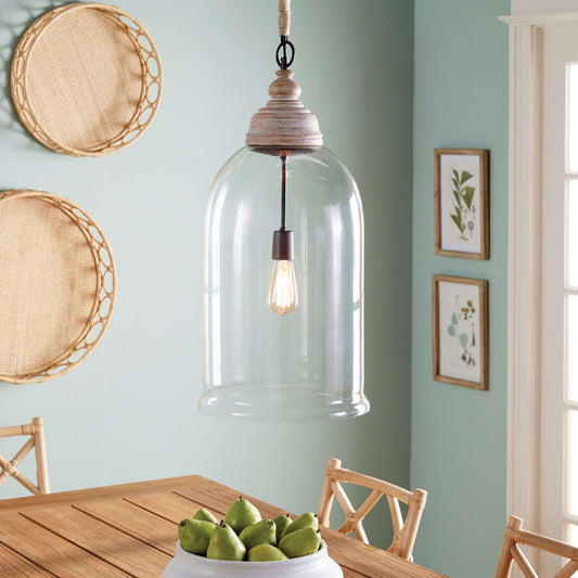 Oversized Glass Cloche Pendant Light with Wood Accent - Nuvé
