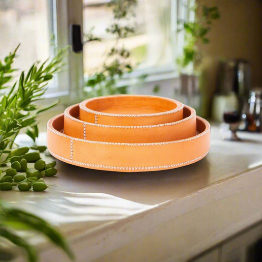 Porteño | Cedar Wood + Leather Round Tray Set - Nuvé